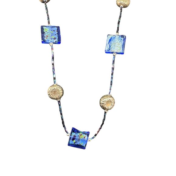 Long Cobalt Blue Glass Beaded Necklace Silver Accents Adjustable Chain - Picture 2 of 3